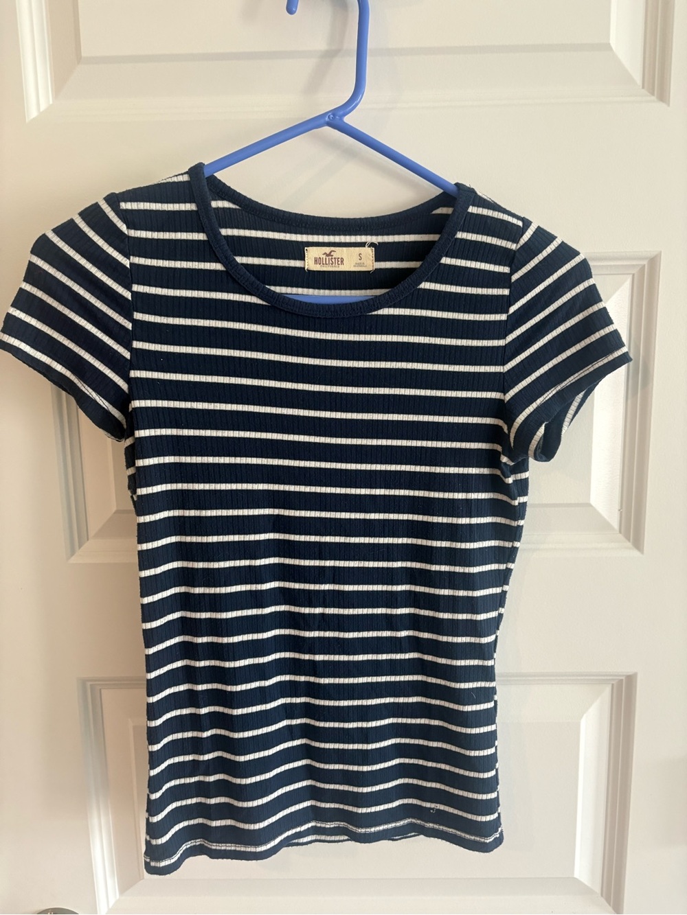 Hollister Navy & White Striped Ribbed Short Sleeve Tee